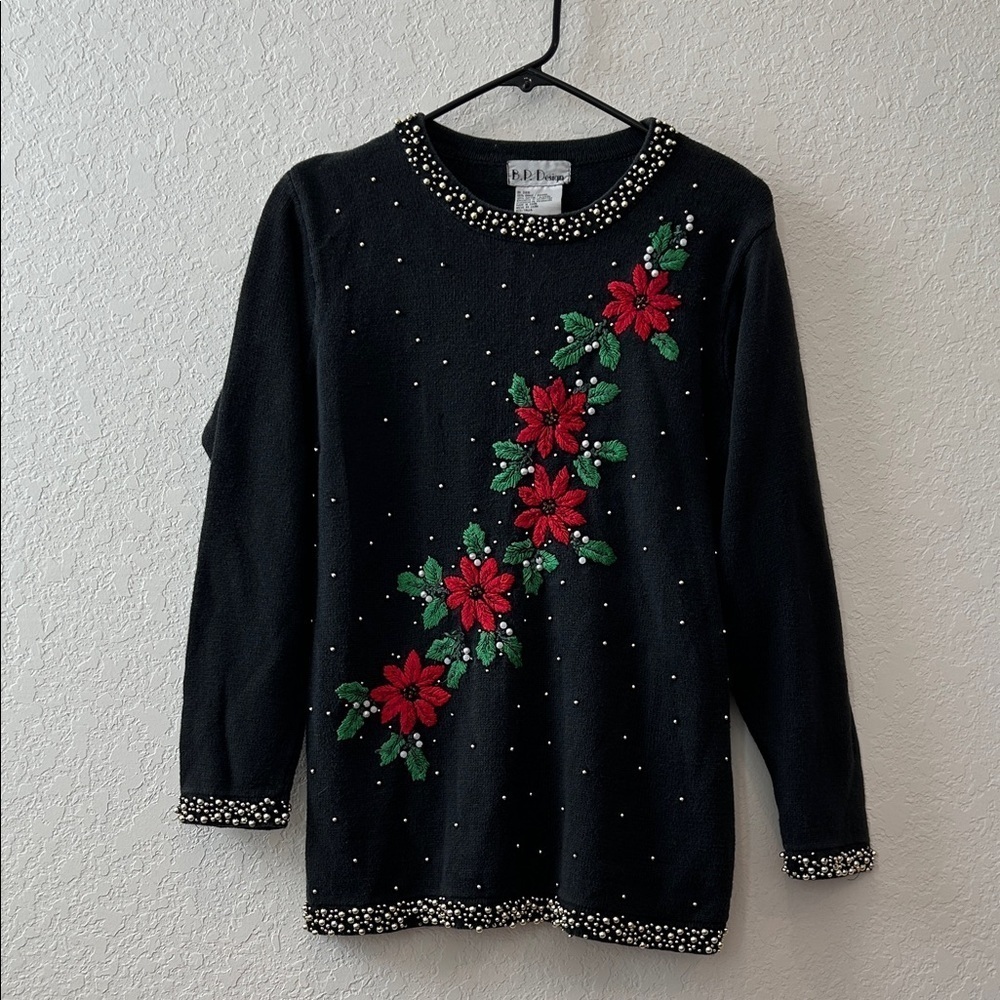 Vintage 90’s Poinsettia Christmas Sweater with Beaded Accents